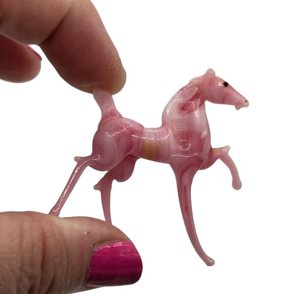 VTG 1960s Hand Blown Crystal Miniature Pink Green Swirl Horse Figurines 2” Pair - Picture 7 of 8